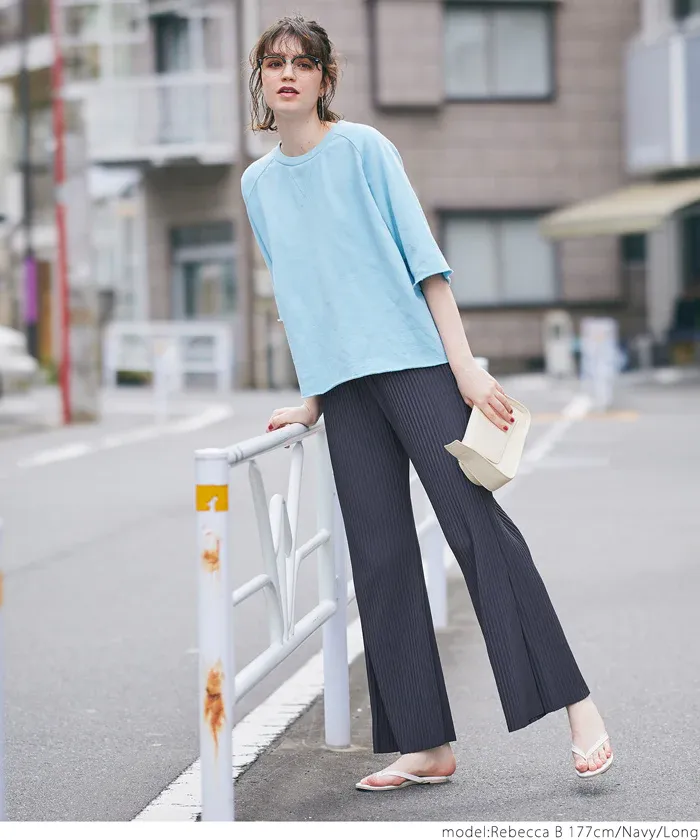 日本 COCA - [可剪裁] 羅紋彈性垂墜寬褲-黑