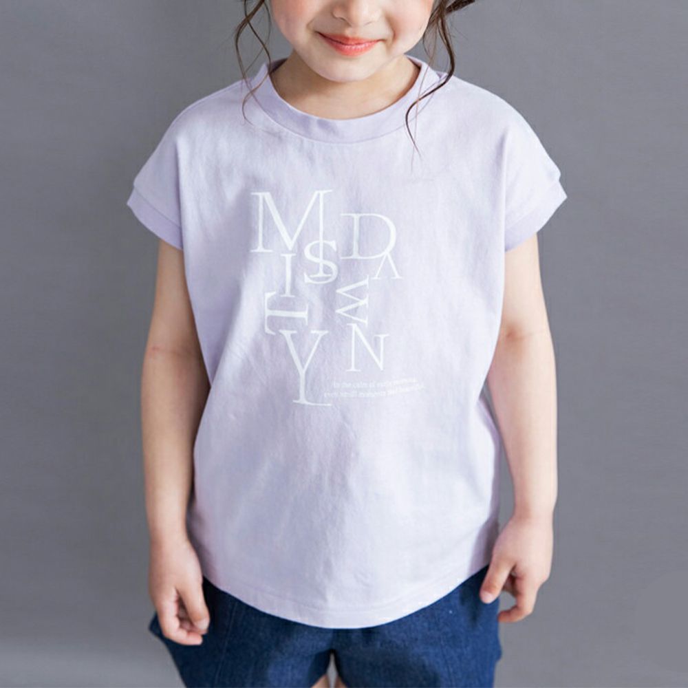 100%棉 簡約風圓領法式袖上衣-錯置英文-薰衣草