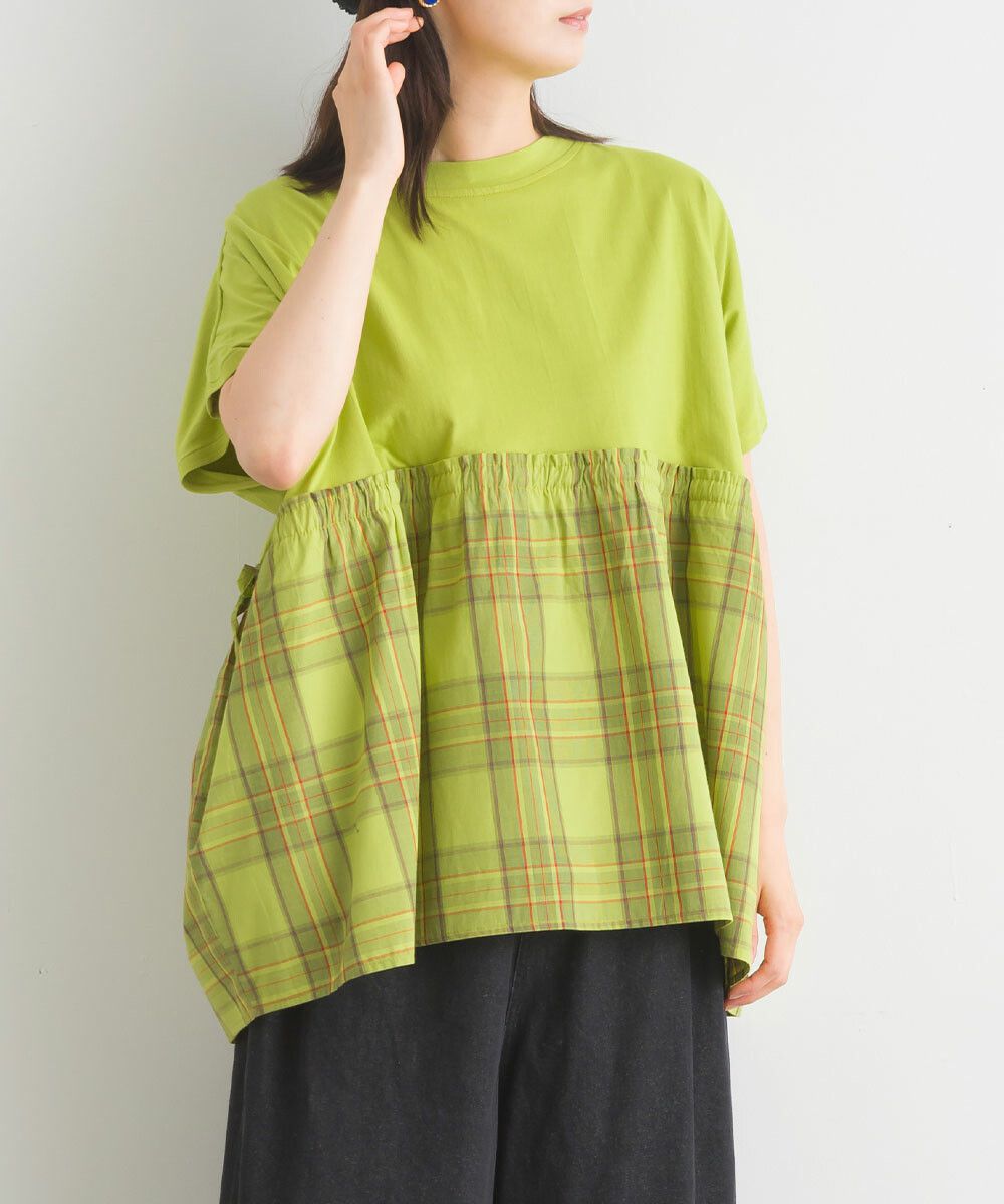 日本女裝代購 - 清新側綁帶拼接短袖上衣-卡其格紋