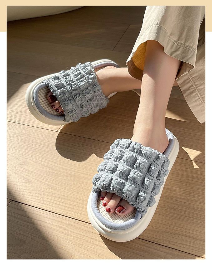 厚底海綿感亞麻室內拖鞋-鬆餅格-灰色