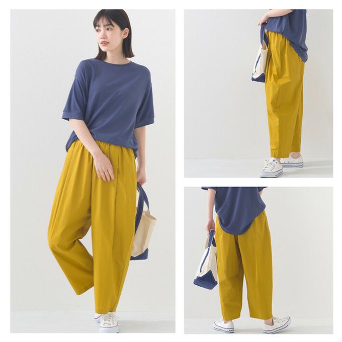 日本 OMNES - 100%棉 皺褶感休閒寬褲-海軍藍