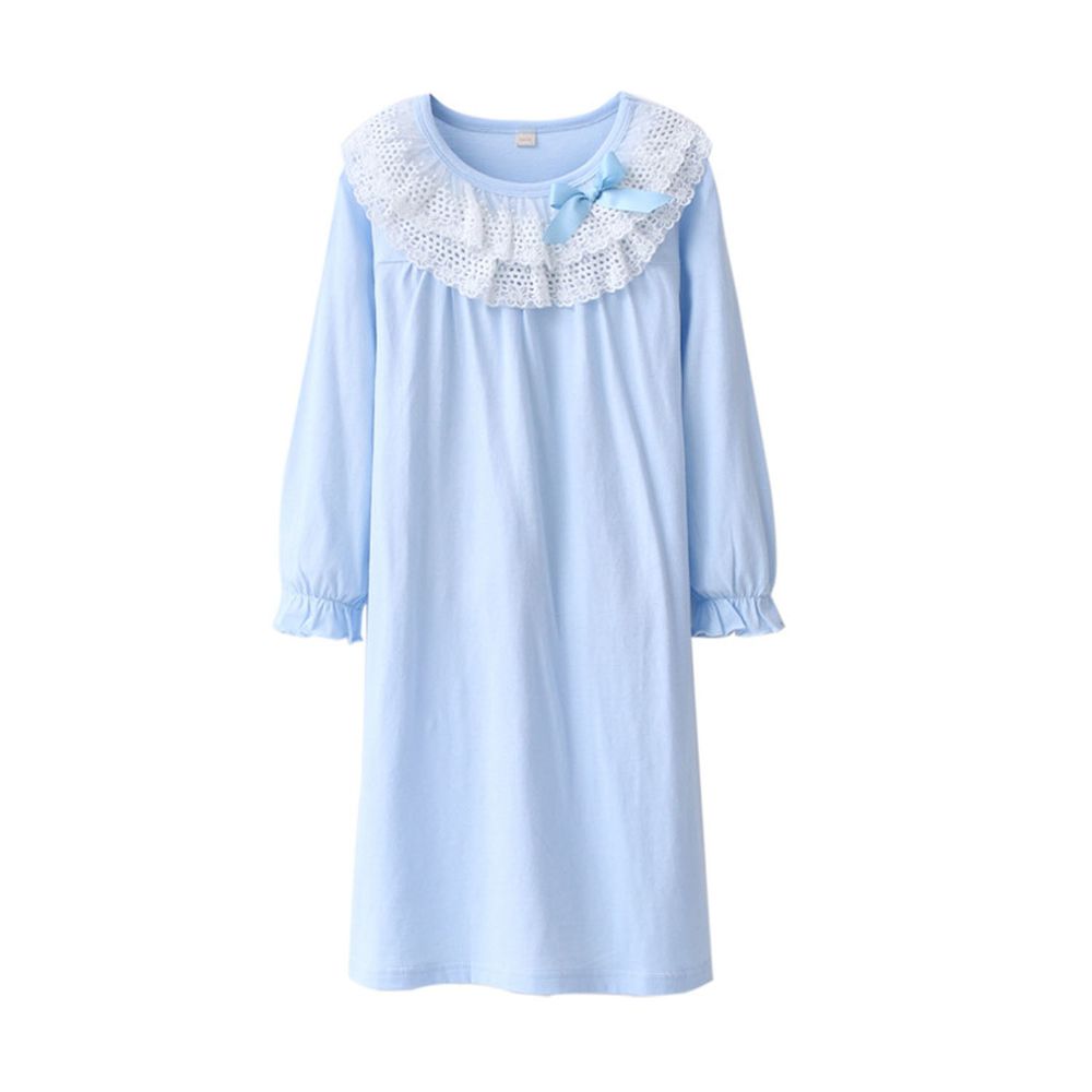 純棉長袖睡裙-公主蕾絲領-天藍色