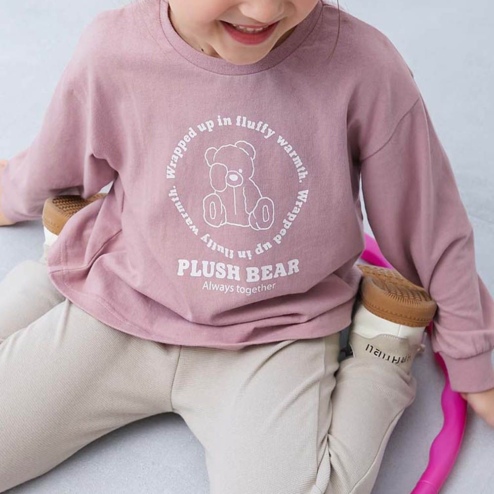 100%棉 定番女孩印花長袖上衣-小熊-煙燻粉