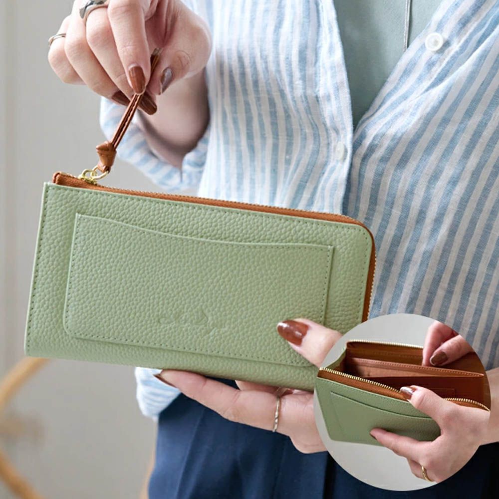 極輕巧-3cm薄型雅緻真皮長夾-開心果綠x橘棕 (17.3x9.2cm)