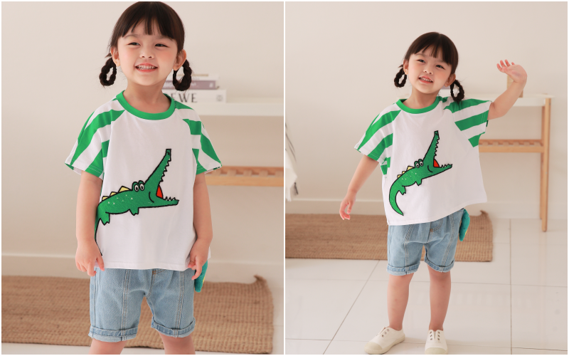 韓國 Coco rabbit - 條紋相間袖刺繡鱷魚T-藍