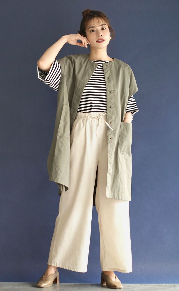 日本 zootie - 自然感棉麻透氣修身寬褲-軍綠