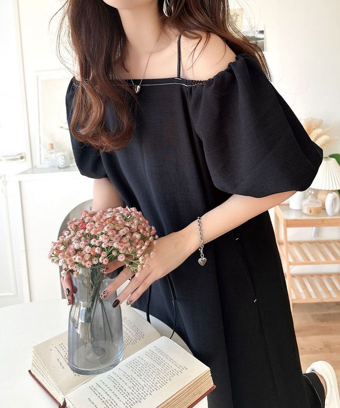 日本 Classical Elf - 典雅2way露肩腰綁帶泡泡袖洋裝-海軍藍