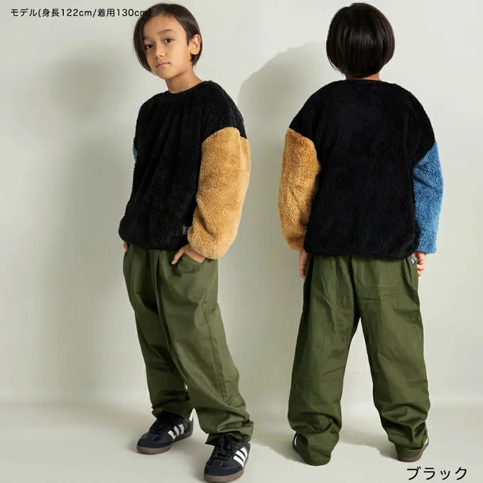 日本 BRANSHES - 泰迪熊雙面毛絨可愛長袖上衣-黑x藍橘撞色