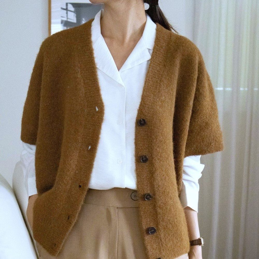 知性風格溫暖混羊毛V領五分袖外套-焦糖棕 (FREE)