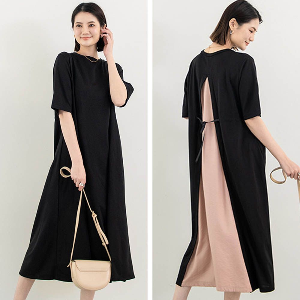 氣質顯瘦A字五分袖長洋裝-後拼接綁帶-黑+粉 (F)