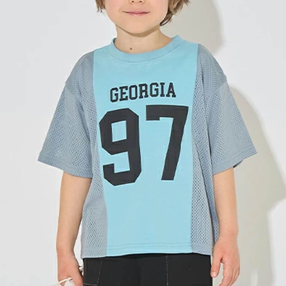 透氣網眼數字印花T恤-水藍x灰藍