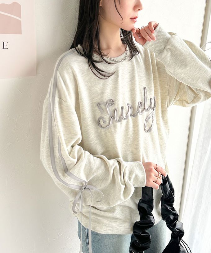 日本 Classical Elf - mily bilet 甜美袖蝴蝶結立體logo上衣-灰緞帶-燕麥灰