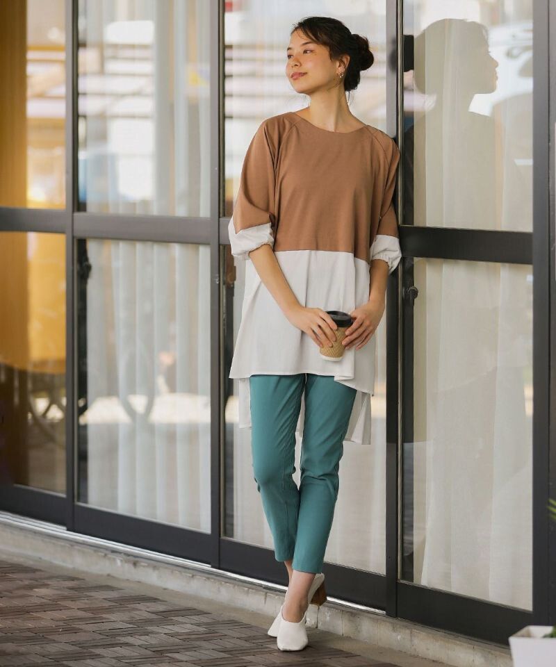 日本 Bou Jeloud - 前短後長異材質拼接七分袖上衣-杏白