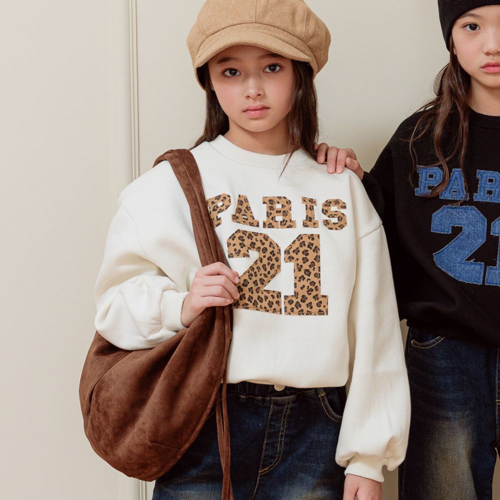 sm2 (內磨毛)長袖大學T-豹紋數字-米白