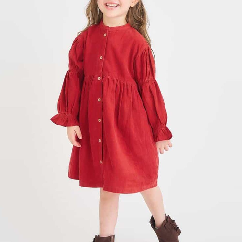 可愛花苞袖鈕扣長袖洋裝-素面-紅