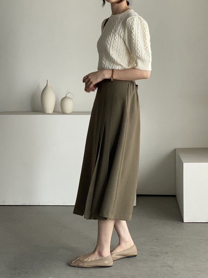 韓國女裝連線 - 淑女後鬆緊綁帶蝶結打褶中長裙-軍綠 (FREE)