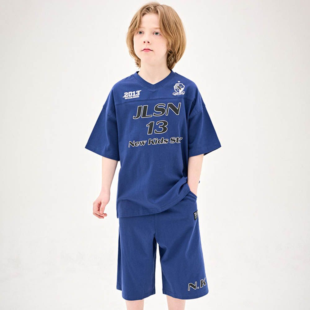 美式街頭風落肩上衣X七分褲套裝-深藍