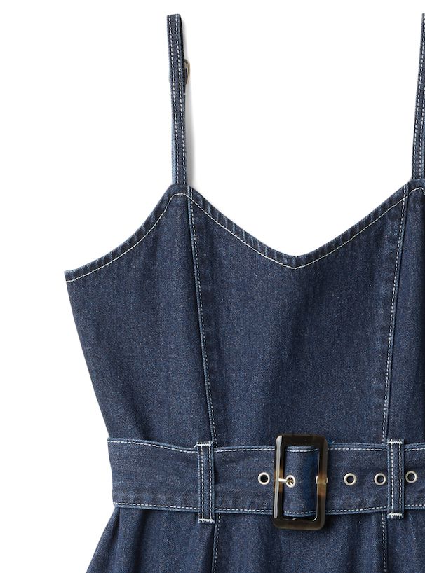 日本 GRL - 率性收腰丹寧吊帶裙(附腰帶）-靛藍