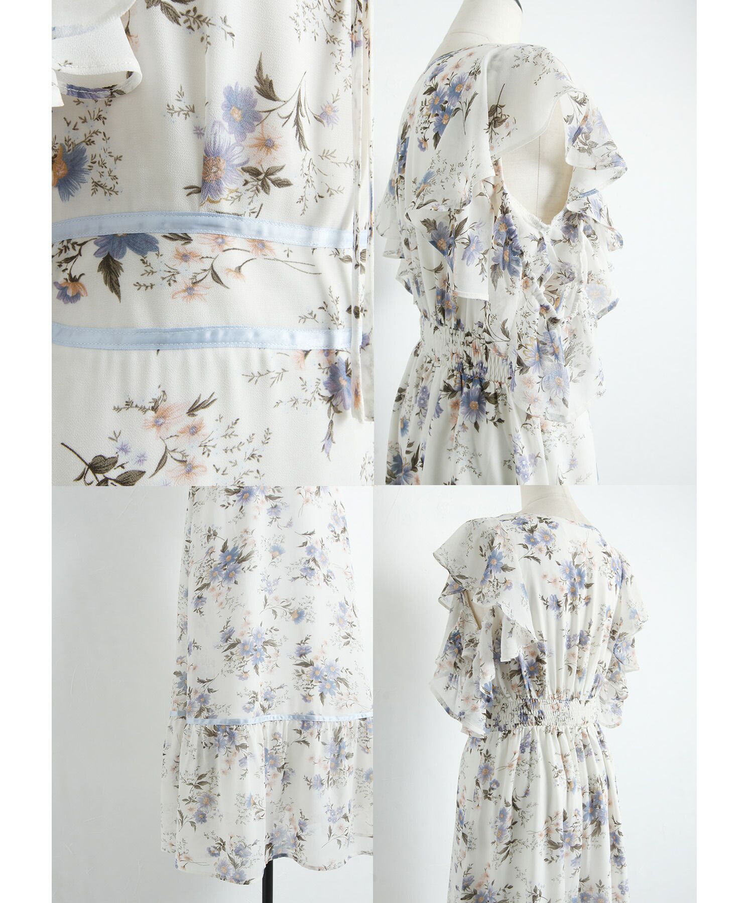 日本 tocco-closet - 精靈荷葉開袖雪紡洋裝-碎花-天使白