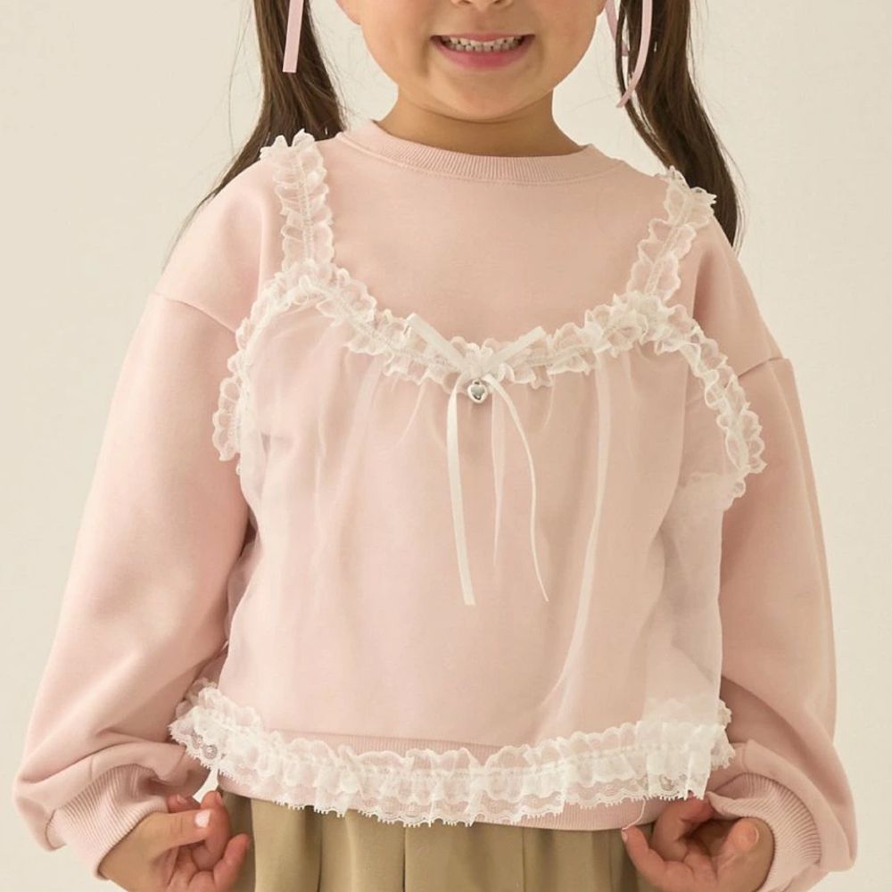 夢幻蕾絲吊帶縮口長袖上衣-粉紅