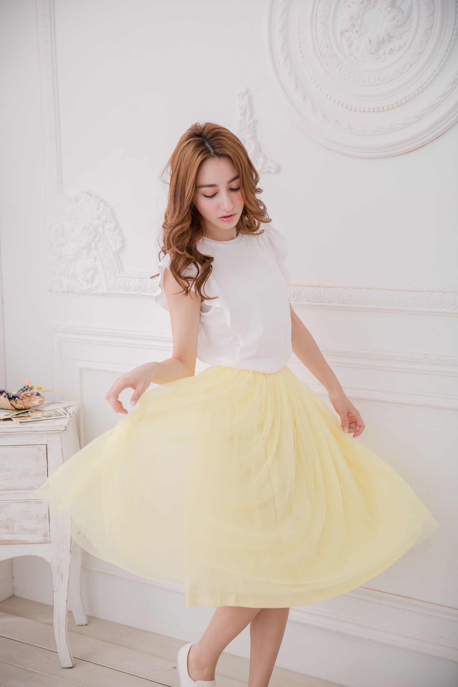 Peachy - 獨家訂製綿柔半身紗裙-半身中長版-嫩鵝黃 (F)