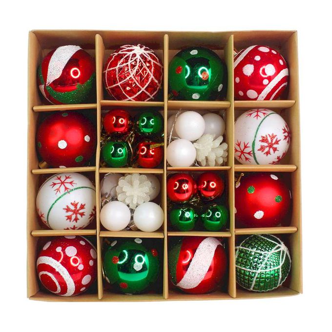 MODACore 摩達客 - 30mm + 60mm造型彩繪球42入吊飾禮盒裝(16格)紅綠白色系| 聖誕樹裝飾球飾掛飾