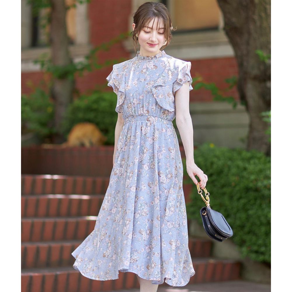 日本 tocco-closet - 優雅荷葉領無袖洋裝-甜蜜花園-天空藍