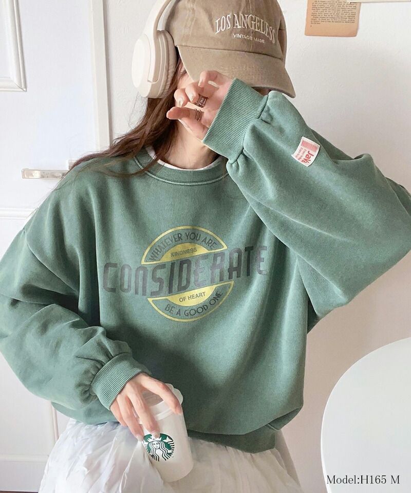 日本 Classical Elf - 水洗復古感印花寬鬆大學T-灰藍