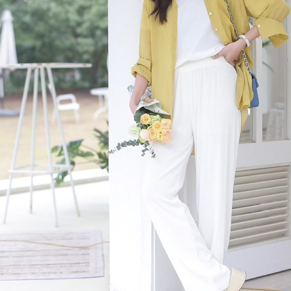 高腰垂墜落地寬褲/皺皺褲-米白色