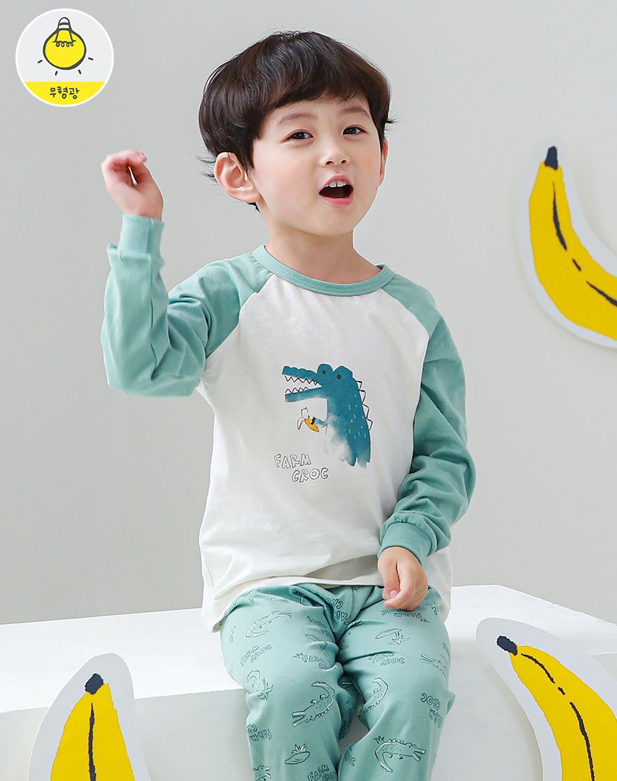 韓國 Ppippilong - 薄款無螢光棉長袖家居服-香蕉鱷魚