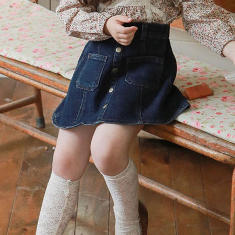韓國 Puellaflo - 裝飾銅鬆緊帶牛仔短裙-深藍