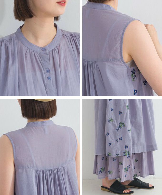 日本 Lupilien - 100%印度棉 優美植物側邊刺繡無袖洋裝-海軍藍