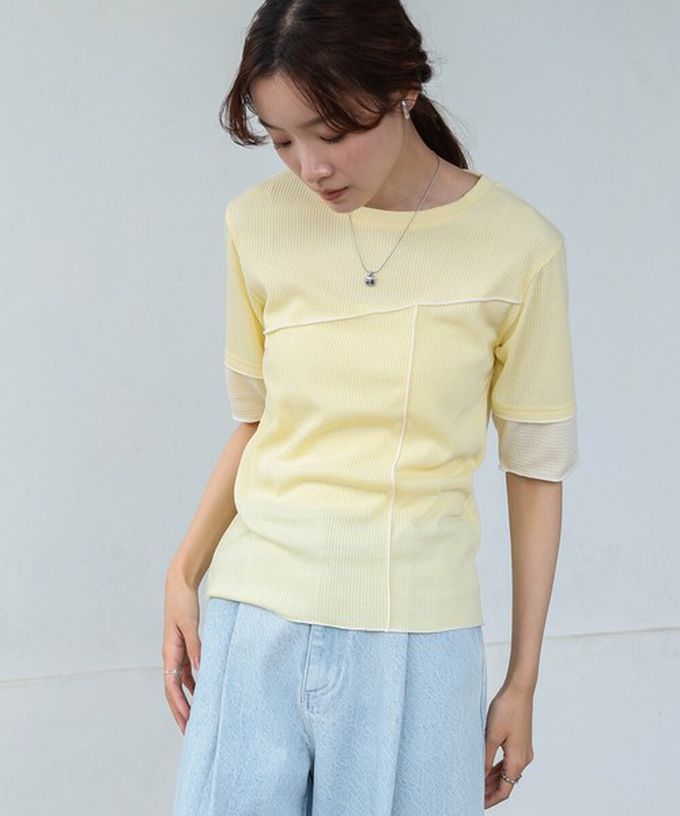 日本 Bab - 柔美線條羅紋異材質短袖上衣-淺黃 (M)