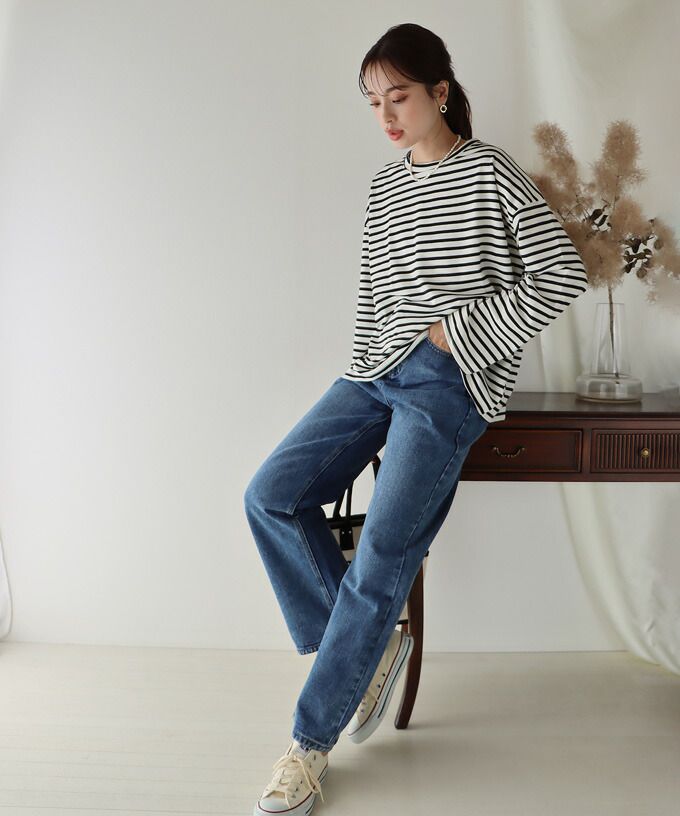 日本 BLUE EAST - 百搭落肩休閒長袖上衣-條紋-軍綠