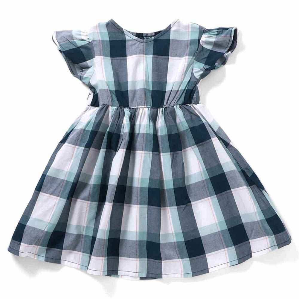 百搭款小荷葉短袖洋裝-格子-深藍