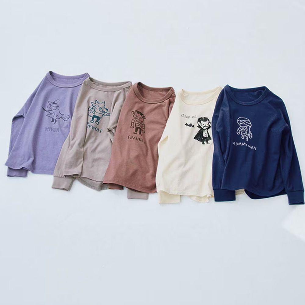 超值五件組 100%純棉印花長袖上衣-小怪物-深藍紫棕