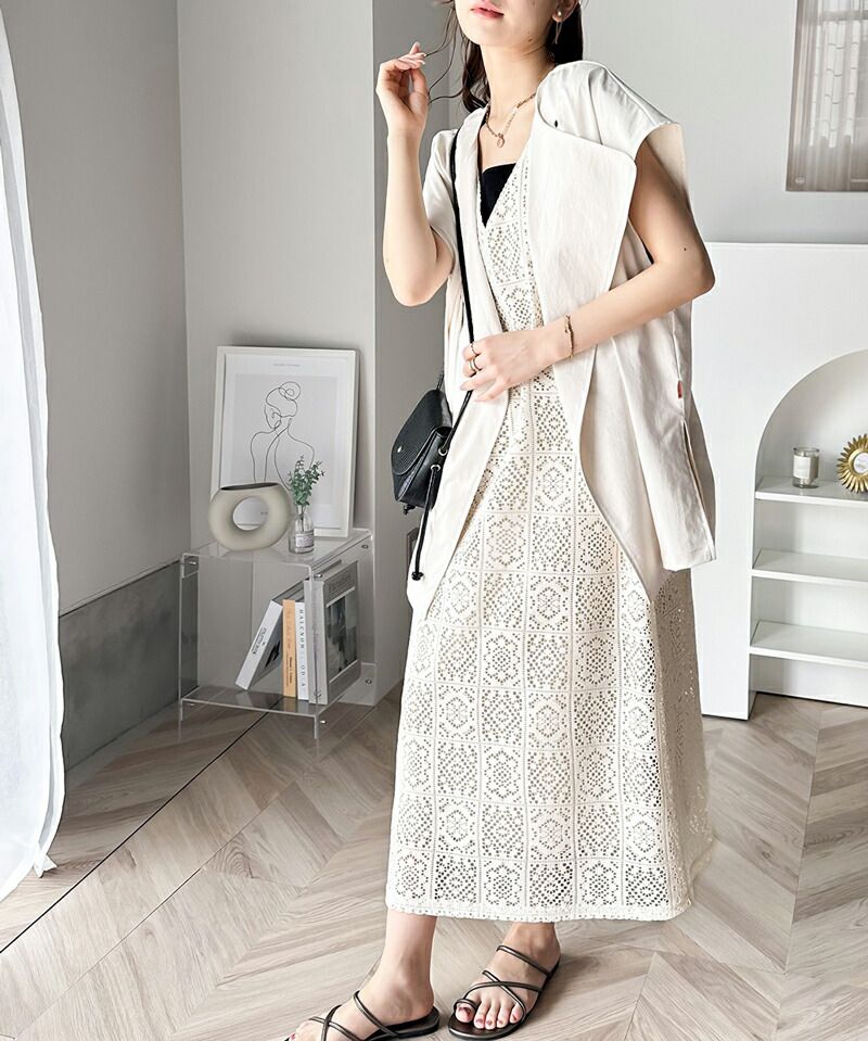 日本 Classical Elf - 2WAY幾何花朵鉤針背心裙/洋裝-黑