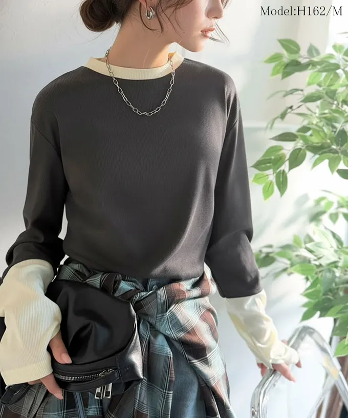 日本 Classical Elf - 時尚配色袖羅紋長袖上衣(指孔設計)-炭灰