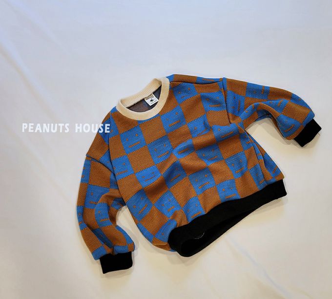 韓國 Peanuts House - 格紋方型臉印長袖針織上衣-黑X卡其