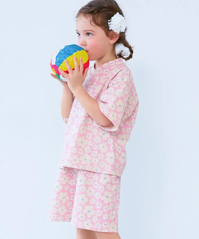 日本 devirock - 夏日風情涼爽紋理甚平套裝-滿版花朵-黑