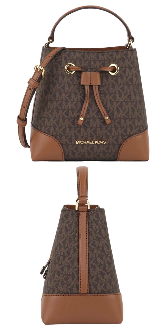 MICHAEL KORS - 滿版LOGO拼接皮革水桶包 (咖駝)