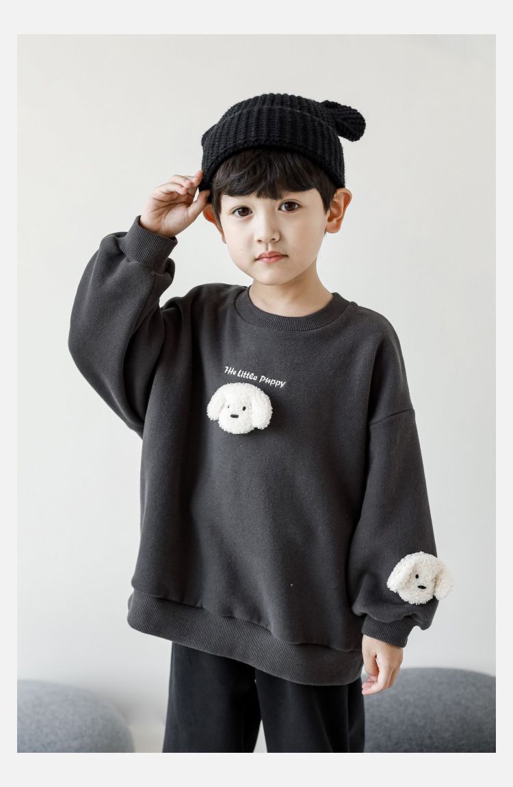 TONGMO - (加絨)立體圓領保暖長袖上衣/大學T-狗狗-淺麻灰色