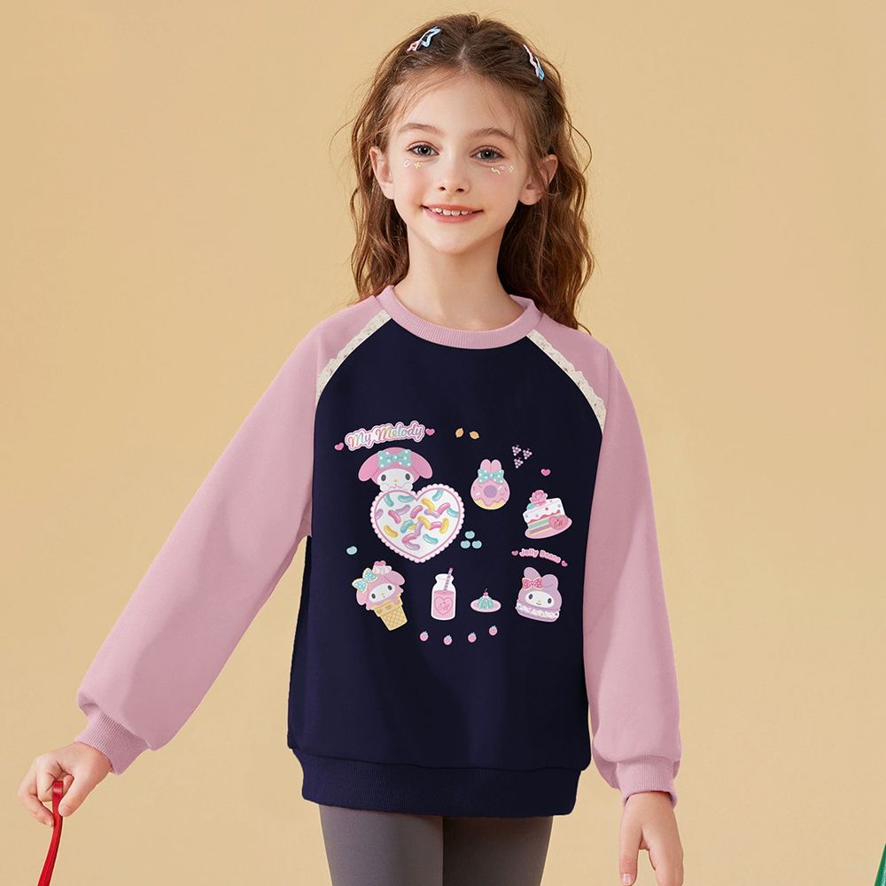 甜美蕾絲撞色長袖上衣/大學T-卡通人物美樂蒂-藏青