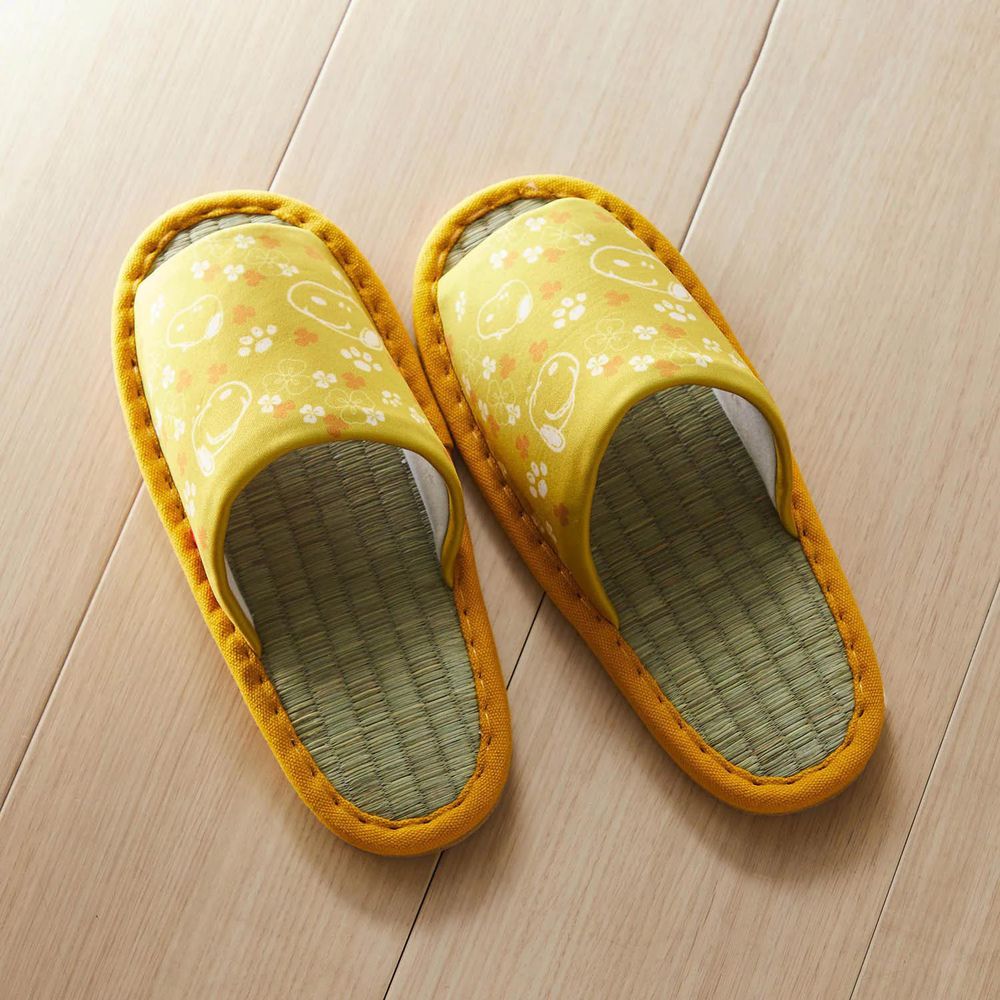 日本千趣會 - 史努比 藺草透氣舒適室內拖鞋-和風圖騰-黃 (22-24cm)