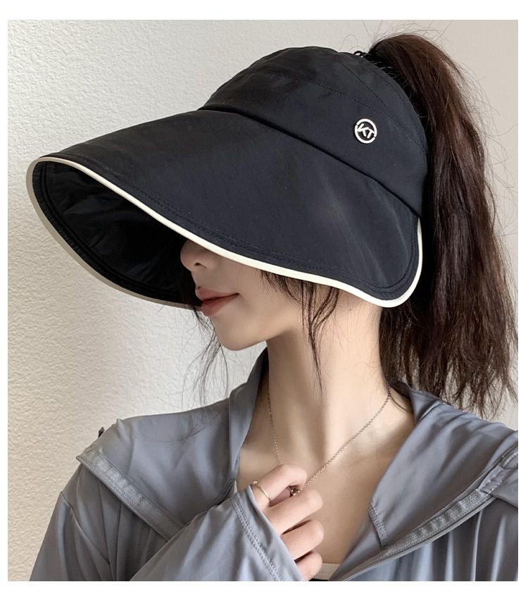 黑膠涼感防紫外線大帽簷空頂遮陽帽-可調節款-黑色