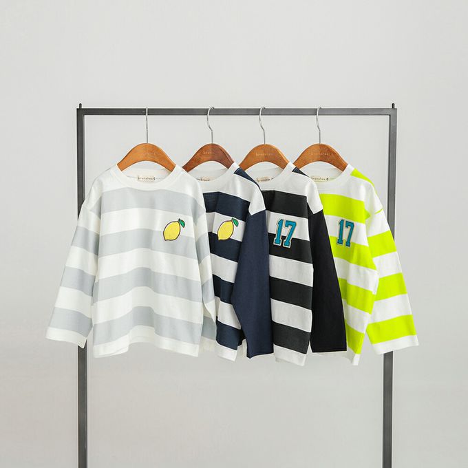 日本 BRANSHES - 休閒粗橫條落肩長袖上衣-數字-黑