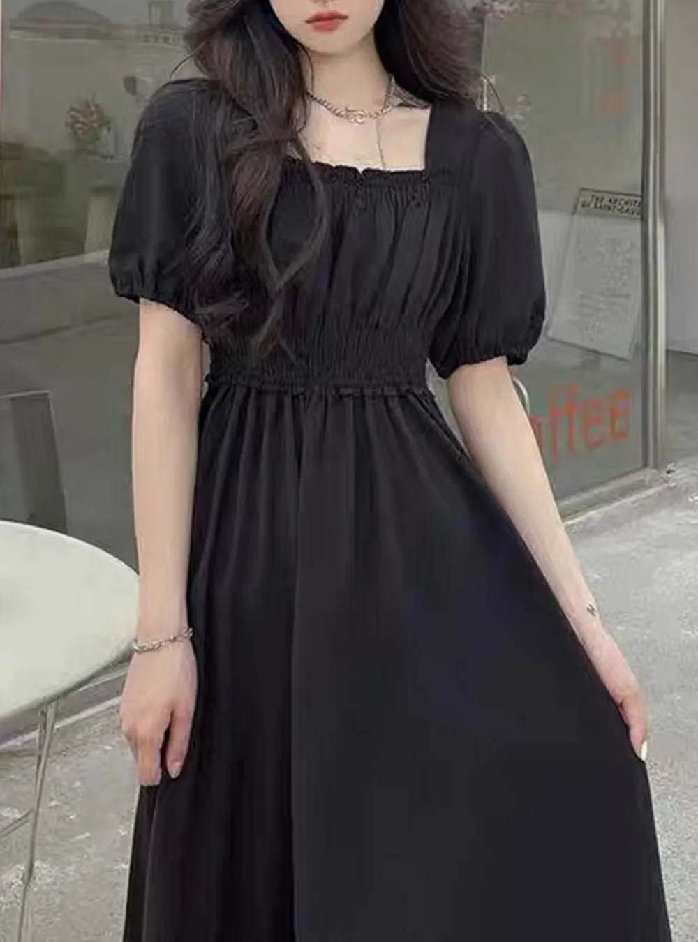 日本 GRL - 優雅公主方領泡泡袖洋裝-星塵藍 (M)