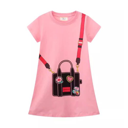 Jumping meters - 棉質圓領短袖洋裝-童趣背包-粉色