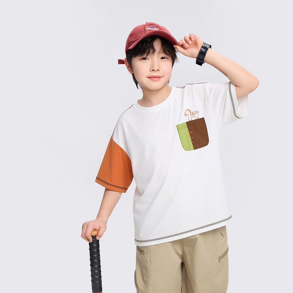 -3℃瞬間涼感短袖T-撞色口袋-白拼橘