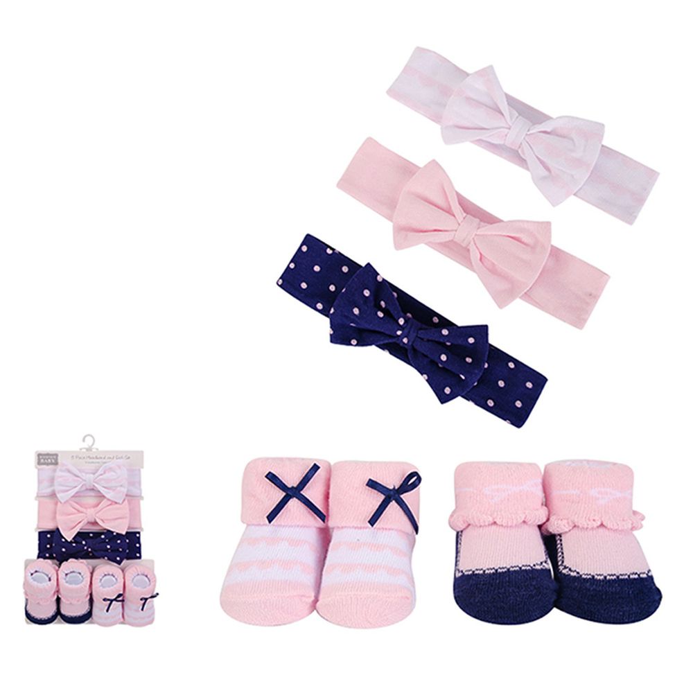 美國 Luvable Friends - 嬰幼兒新生兒髮帶3入組+襪子2入組-粉色圓點